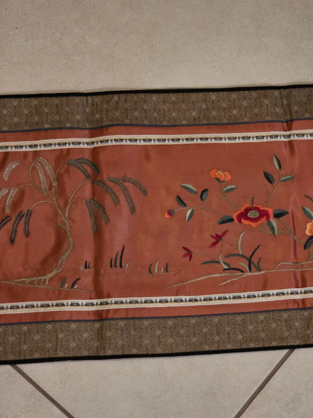 Chinese Silk Embroidered Birds Floral Panel Tapestry Table Runner 70